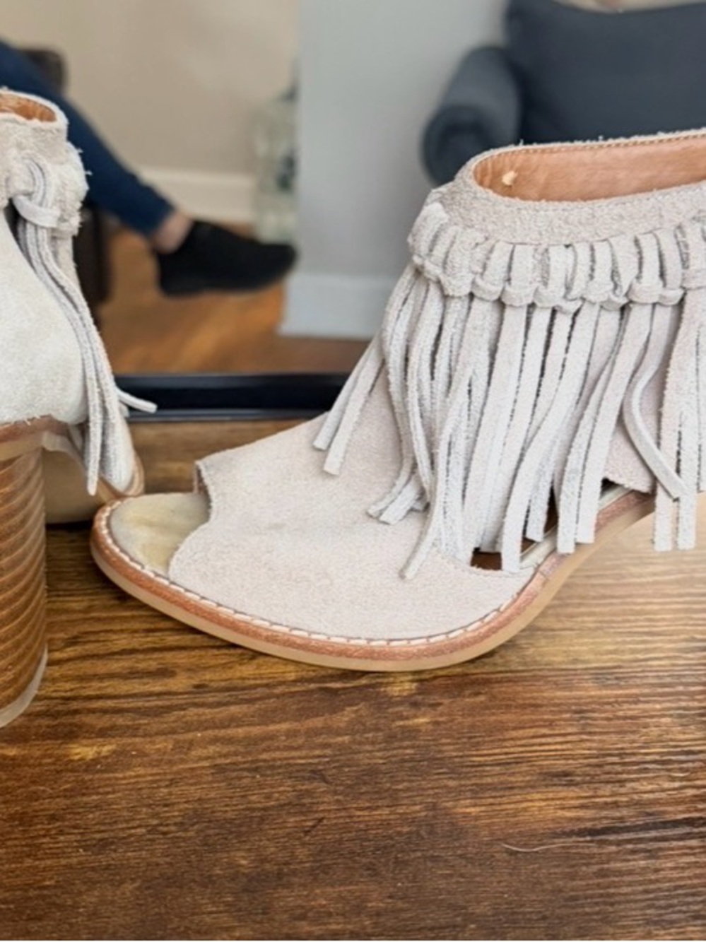 Sbicca Light Beige Suede Fringe Open-Toe Ankle Booties